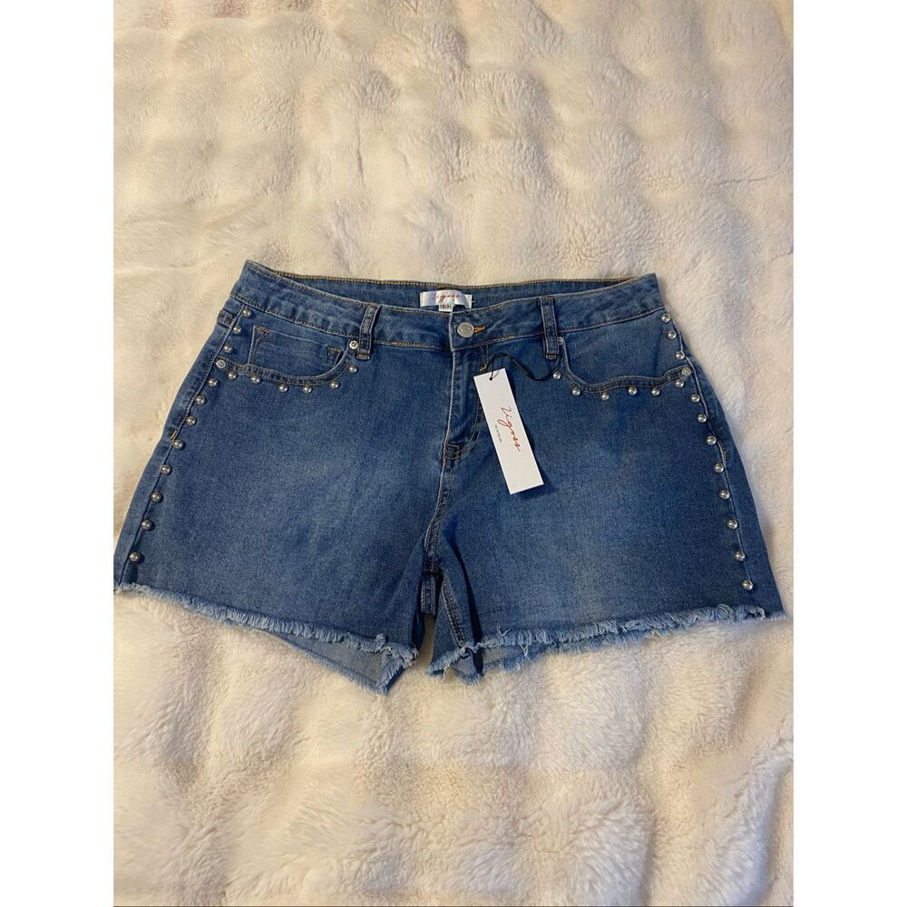Virgoss Blue Studded Frayed Hem Denim Shorts Sz 13/31 NWT